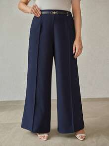 MOTF PREMIUM PLUS SIZE METAL BUCKLE FAUX LEATHER STRAP DECOR WIDE LEG PANTS - Navy Blue - View 4