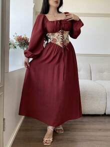 Feyla Váy dài tay họa tiết thêu Jacquard cổ điển kiểu Pháp mới - Màu Đỏ Sâu - Xem 5