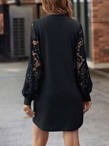 EMERY ROSE Women's Casual Loose Solid Color V-Neck Long Sleeve Dress - Black - View 2