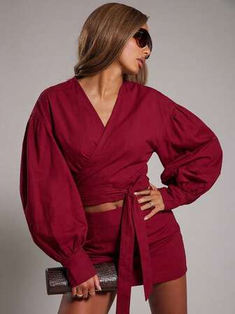 NYA SZN 长袖宽松牛仔露脐上衣，系带设计，适合日常休闲、商务休闲、办公室、教师、教堂、夜间外出、秋冬季等场合，也适合通勤穿着，是女士的理想之选。