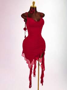 Amplova Women's Mid-Length Dress With Draped Neckline, Drawstring, Ruffle Trim, Flounce Hem, Spaghetti Straps, Backless, Floral Print, Fashionable & Sexy Red Dress Rouche Dress - Bright Red - View 10