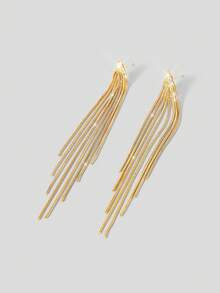 Aloruh 2pcs Fashionable Simple Metallic Tassel & Shiny Pendant Dangle Earrings, Perfect For Party, Date Or Gift - Yellow Gold - View 3