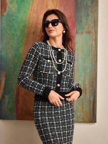 Hansera 2pcs Knit Set: Elegant Round Neck Long Sleeve Top With Pockets & Bodycon Skirt,Elegant Party ,Black ,New Year - Black - View 4