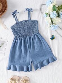 Genkimix Kids Dark Blue Summer Young Girl Romper,Elegant Spaghetti Strap Woven Resort Wear For Family Vacation,Matching Toddler Outfits,Casual Snug Fit Jean Dress - Blue - View 2