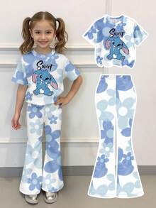 SHEIN Back To School Young Girl Blue Flower Digital Print Cartoon Rabbit Pattern Print Round Neck Short Sleeve T-Shirt And Flared Pants Suit Little Girl Spring And Summer Fashion Casual Suit Summer Fall Clothes Girl 2 Pieces Set Girls Bell Bottom Pants Set Flare Pants Set Kids Kids Bell Bottoms Set - Multicolor - View 3