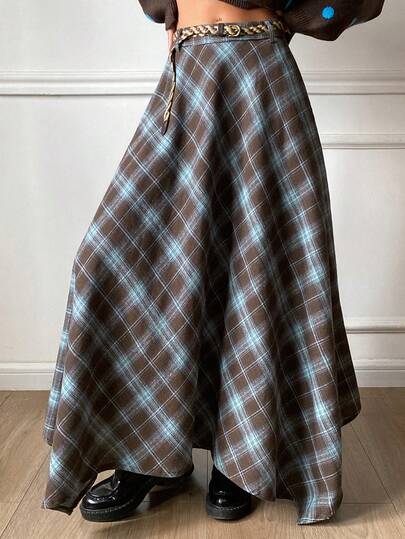 DAZY Women's Fashionable Plaid Long Skirt, Autumn/Winter Y2k