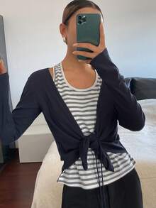 DAZY Women's Black Striped Patchwork Camisole Vest & Oblique Placket Long Sleeve T-Shirt,Autumn Basic Effortless Chic Everyday Loose Casual Streetwear - Navy Blue - View 2