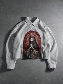 PAVTROS Men's Casual Long Sleeve Printed Single-Breasted Striped Shirt Mens Religious Shirt Religious Printed Shirt Virgin Mary Shirt Striped Jacket,Streetwear - Black - View 1