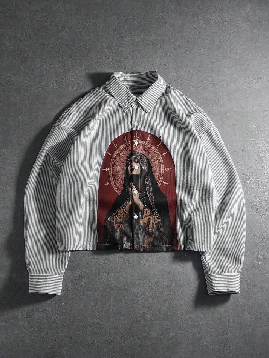 PAVTROS Men's Casual Long Sleeve Printed Single-Breasted Striped Shirt Mens Religious Shirt Religious Printed Shirt Virgin Mary Shirt Striped Jacket,Streetwear - Black - View 1