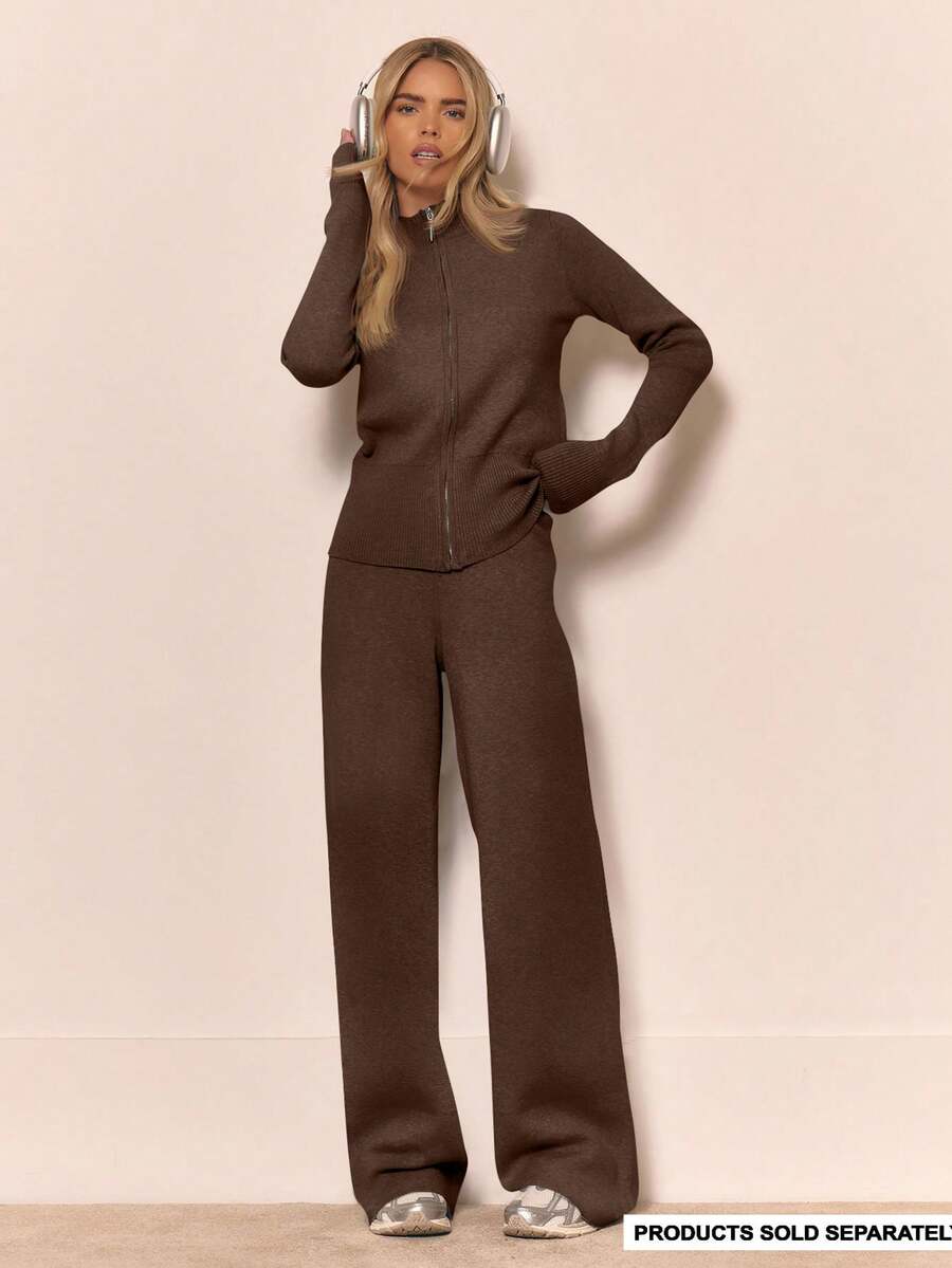 MUSERA Knit Straight Leg Trousers Bottom Only Winter Loungewear Cosy Work Cute Elegant Casual Chic Spring Vacation - Chocolate Brown - View 1