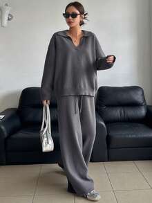 DAZY Setelan Dua Potong Wanita Musim Gugur dan Musim Dingin Kasual Sehari-hari Longgar Warna Polos Sweater dan Celana Panjang Lebar, Pakaian Wanita Musim Gugur - Dark Grey - View 8