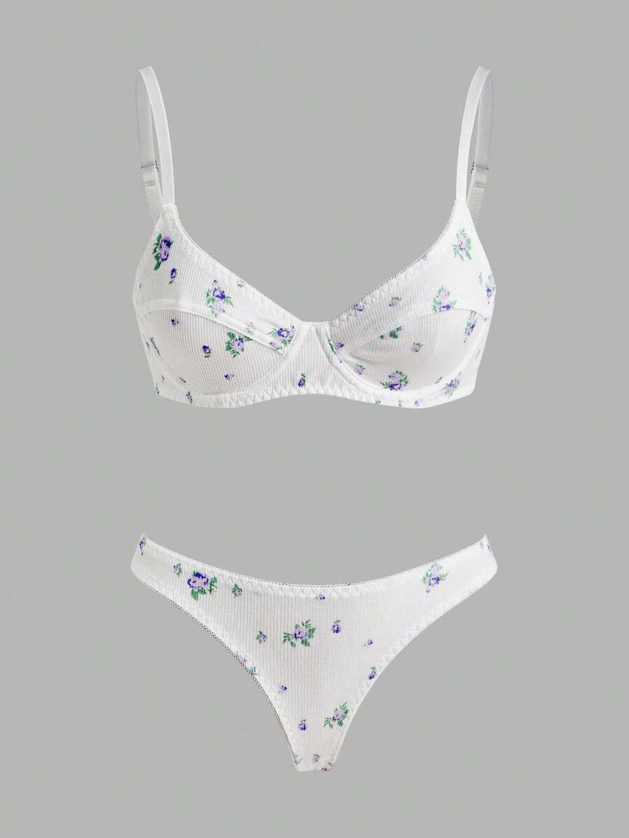 Floral Print Underwire Bra & Panty Lingerie Set - Multicolor - View 1