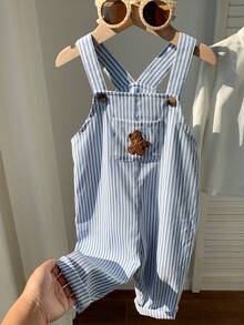 SHEIN Baby Boy Casual Cute Versatile Striped Cartoon Bear Pattern Bib Jumpsuit Baby Boy Overall Set