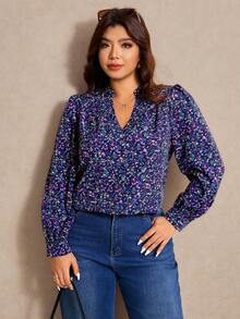 Elaquor Blusa informal con escote entallado y estampado floral pequeño, otoño 70 - Multicolor - Ver 5