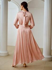ZEYLAH Satin Ribbon Collar Long Sleeve Dress, Romantic For Valentine's Day, Spring/Summer - Pink - View 3
