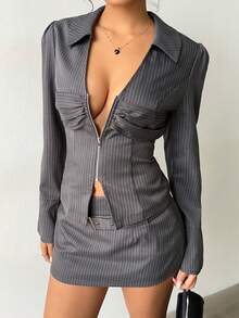 SHEIN MOOSTA Women's Striped Open Front Zip Waist Decor Metal Button Mini A-Line Skirt Suit - Grey - View 7