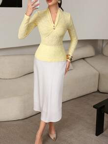 Modelyn Metal Buckle V-Neck Pleated Jacquard Long Sleeve Elegant Fitted Blouse For Women - Yellow - View 7