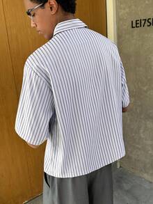 SWAVVY 男士休闲条纹短袖衬衫，夏季 - 淺灰色 - 查看 2
