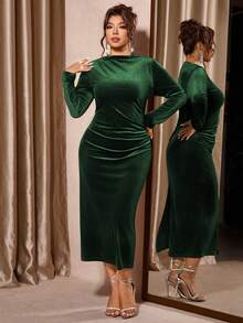 Cravure Vestido elegante de manga larga, ajustado y fruncido de unicolor para mujer de talla grande - Verde Oscuro - Ver 8