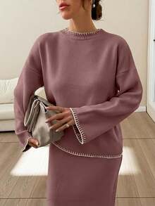 EURMUSE Women Stitch Detailed Round Neck Drop Shoulder Pullover & Sweater Skirt Set - Dusty Pink - View 7