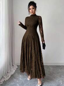 Modelyn Women's Lace Trim Mock Neck Waist Cinched Slim Fit Dress - Brown - View 5