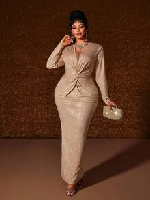 Maweii 大码女式优雅闪亮银色亮片针织高弹面料交叉V领，垫肩设计，收腰剪裁，秋冬新款，适合音乐会、时尚百搭外套、夜间约会、圣诞节、新年等场合，时尚长袖连衣裙 - 卡其色 - 查看 5