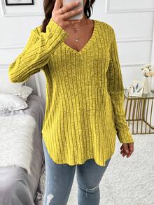 Vionelle 大码休闲百搭弧形下摆长袖T恤 - 芥末黃 - 查看 7