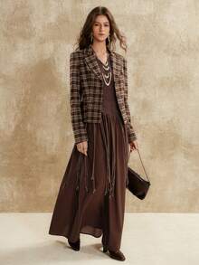 Florisole 女士V领长袖公主线连衣裙，仿麂皮绒和梭织面料拼接设计，休闲日常穿着 - 巧克力棕 - 查看 5