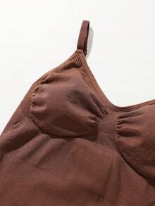 Women's Coffee Brown High Stretch Plain Backless Long Thong Bodysuit Casual Comfy Shapewear - Coffee Brown - View 7