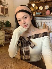 DAZY 时尚格纹撞色蝴蝶结吊带露肩修身优雅白色长袖上衣，适合春季、秋季、新年、圣诞节、婚礼等场合。 - 米色 - 查看 5