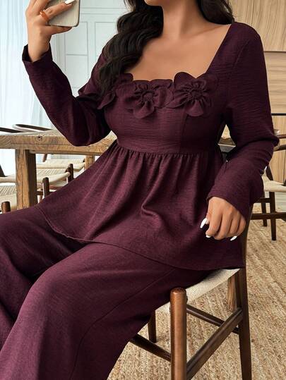 Elouméa 2pcs Plus Size Women Floral Decor Square Neck Ruffle Hem Pants Set, Autumn/Winter