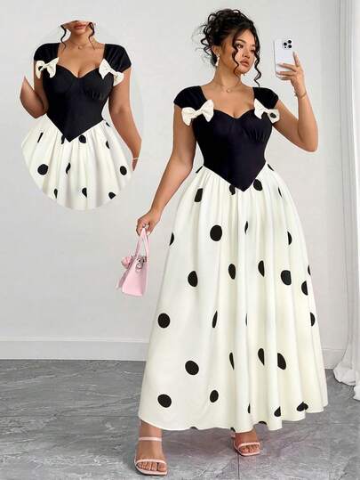 Elenzga 大码女式春夏针织面料黑色吊带蝴蝶结装饰印花随机剪裁设计胸罩杯倒三角收腰喇叭形长连衣裙，饰有波点印花拼接，适合休闲、度假、花园派对、约会、公园野餐、购物等多种场合。