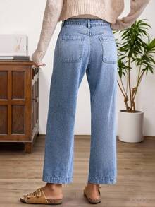 EMERY ROSE Women's Solid Color High Waist Casual Versatile Straight Leg Jeans - Medium Wash - View 2