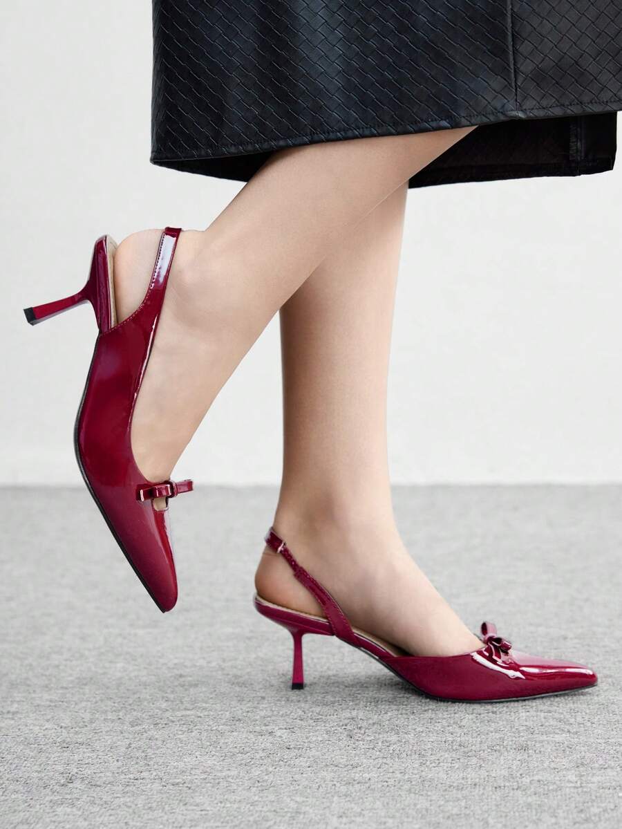 CUCCOO BIZCHIC Women's Pointed Toe Bow Decor Everyday Versatile Fashion High Heels Valentine's Day - Burgundy - View 1
