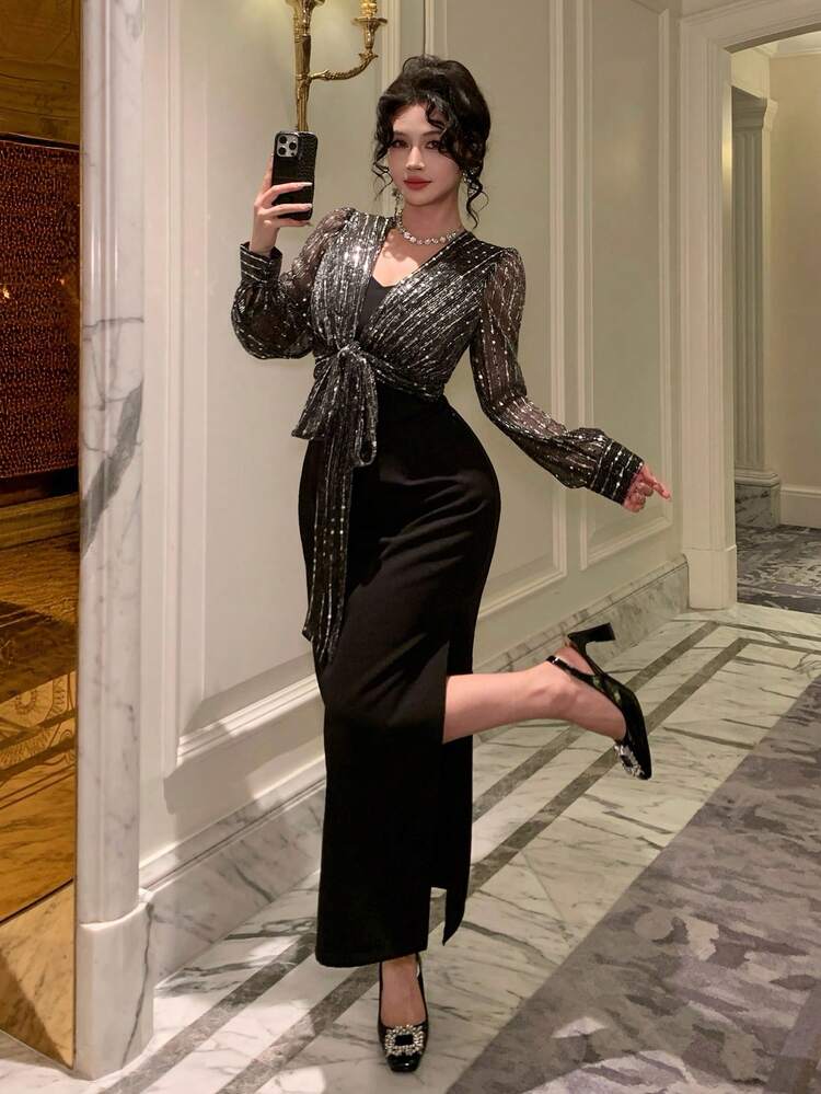 Women's Sequin Mesh Tie Front Fitted Dress New Years Women Outfit Carnival Sparkly Dress Maxi Dress