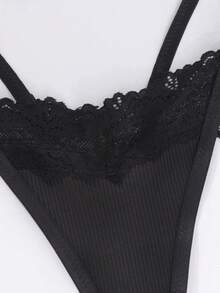 SHEIN Women's Fashion Lace Trim Sexy G-String Panties - Black - View 4