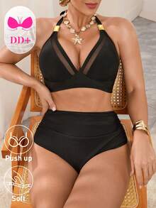 Swim DD+ Women's Black Mesh Patchwork Swimsuit Set