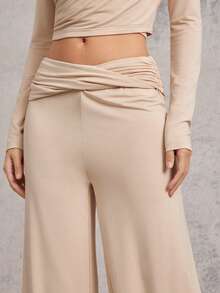 L'Amorae Pantalones de punto de pierna recta con detalle de torsión, cómodos y casuales para la primavera - Caqui - Ver 5
