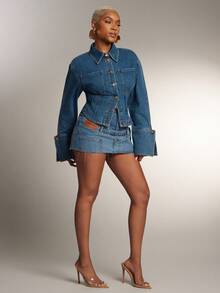 Denimoi Stacked Waist Low Rise Raw Hem Denim Micro Mini Skirt - Blue - View 4