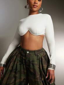 Denimoi 长袖露脐上衣，带钢圈细节，性感时尚街头风夜店装 GNO 音乐会 - 白色 - 查看 5