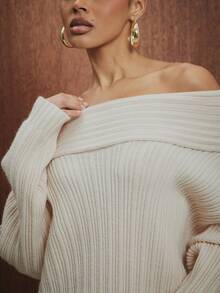 Hauture Off Shoulder Solid Color Sweater, Fashionable For Commuting, Autumn/Winter - Apricot - View 7