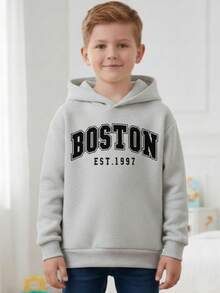 Sudadera con capucha cálida con estampado de letras y cudades para niño pequeño. Boston - azul - Ver 4