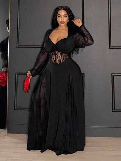 Slaydiva Vestido de tirantes extra largo, elegante, transparente y sexy para mujer de talla grande