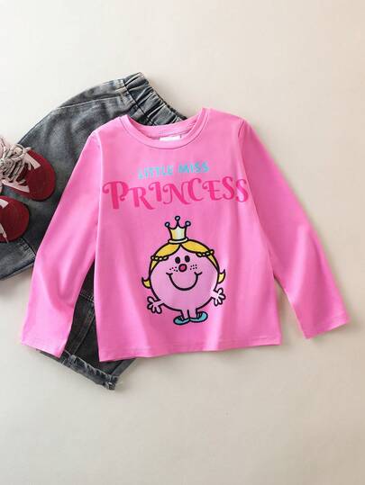 Mr Men Little Miss X SHEIN Camiseta de manga larga con estampado de letras de dibujos animados linda para uso diario y casual de niñas, otoño/primavera