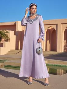 Al Najma 女士水钻装饰圆领喇叭袖优雅阿拉伯风格连衣裙 - 淡紫色 - 查看 7
