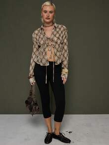 COUREZ Long Sleeve Top With Front Ties In Check /Y2K Spring Going Out Tops For Women Party Tops Summer Tops Top Elegant Streetwear Brown Tops Festivals - Brown - View 1