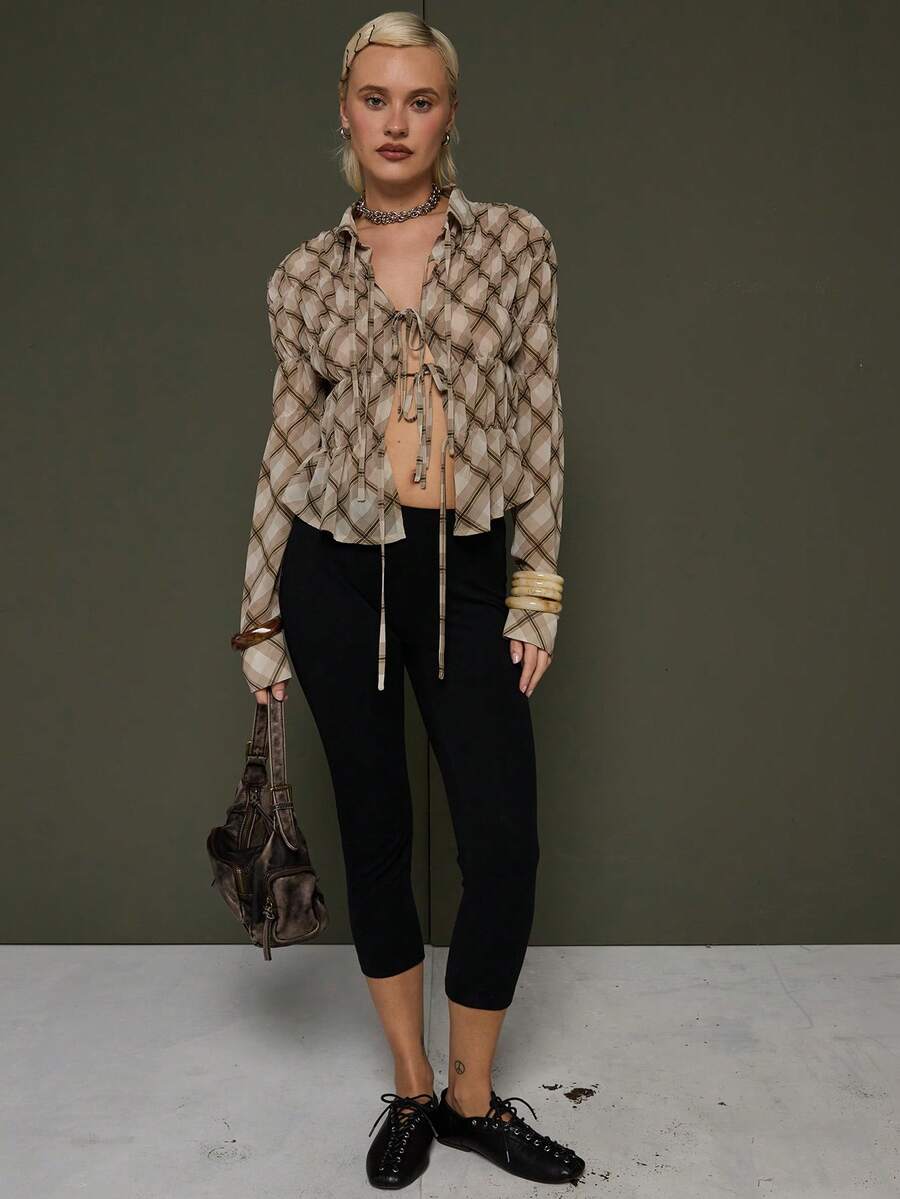 COUREZ Long Sleeve Top With Front Ties In Check /Y2K Spring Going Out Tops For Women Party Tops Summer Tops Top Elegant Streetwear Brown Tops Festivals - Brown - View 1