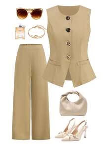 Ellevyn 女士新款优雅圆领编织金属吊带背心和阔腿裤两件套，适合通勤、工作和多种场合。 - 卡其色 - 查看 1