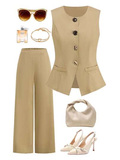 Ellevyn Women's New Elegant Round Neck Woven Metallic Camisole Shirt & Wide Leg Pants 2 Pieces Set, Suitable For Commuting, Work, And Multiple Occasions Work Outfits For Women Summer Outfit For Women