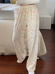 DAZY 星形花卉印花直筒女士睡裤 - 米色 - 查看 4